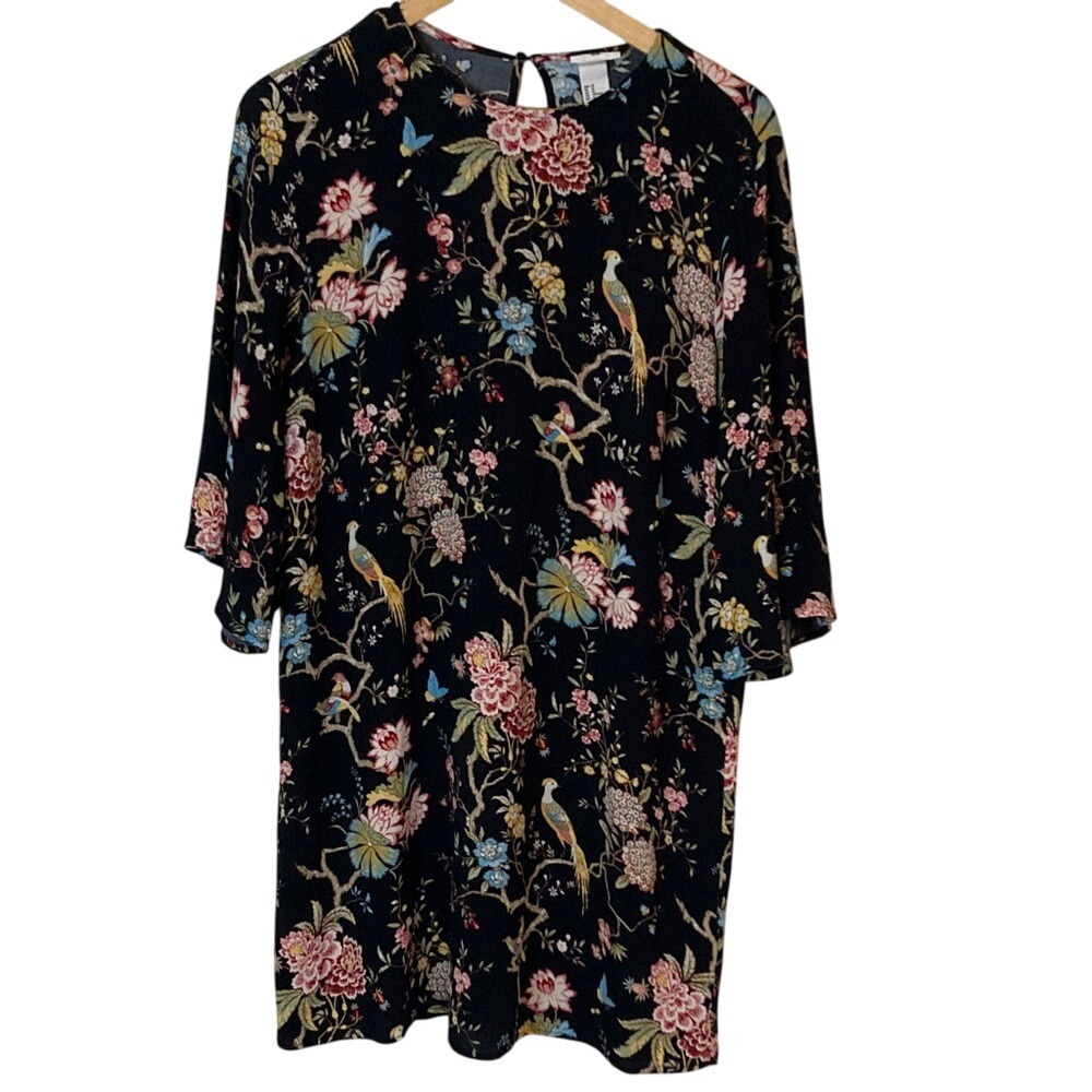 GP & J Baker x HM Womens Black Floral Bird Dress Size 10‎ Bell Sleeve Shift